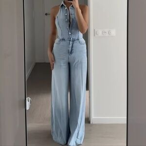 Zara Z1975 HALTER NECK DENIM JUMPSUIT light blue BNWT